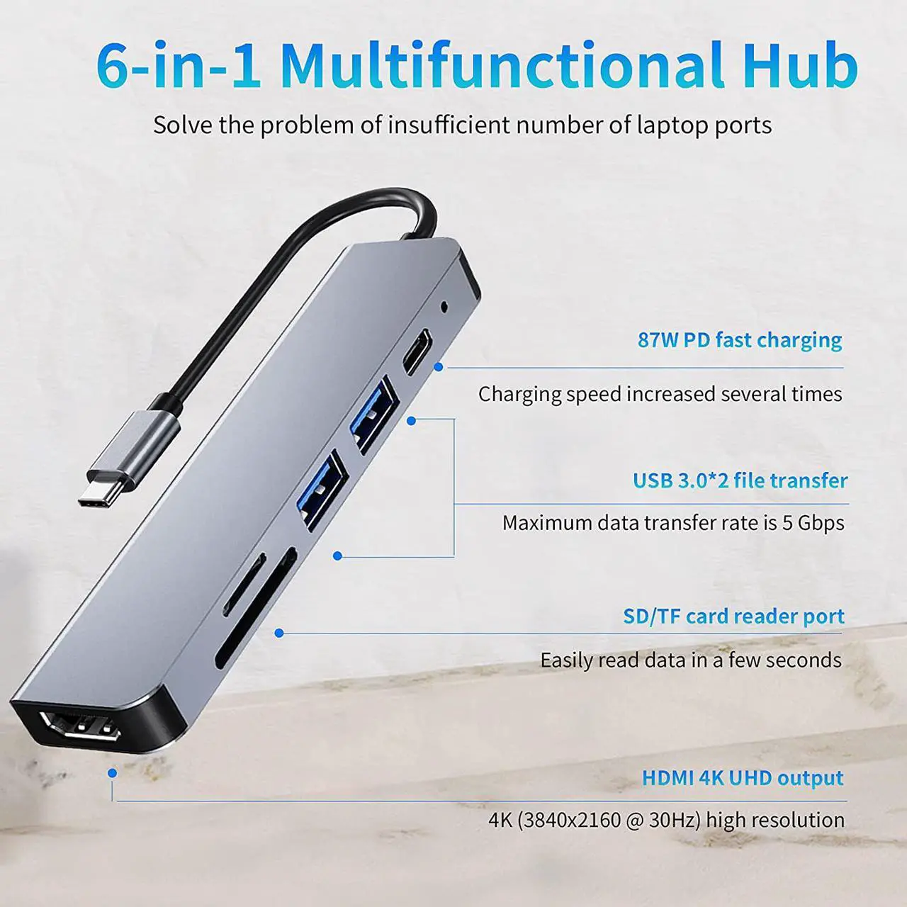 هاب USB-C ششکاره با HDMI 4K، شارژ PD، کارتخوان SD/TF و USB 3.0 - Image 2
