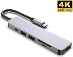 هاب USB-C شش‌کاره با HDMI 4K، شارژ PD، کارت‌خوان SD/TF و USB 3.0
