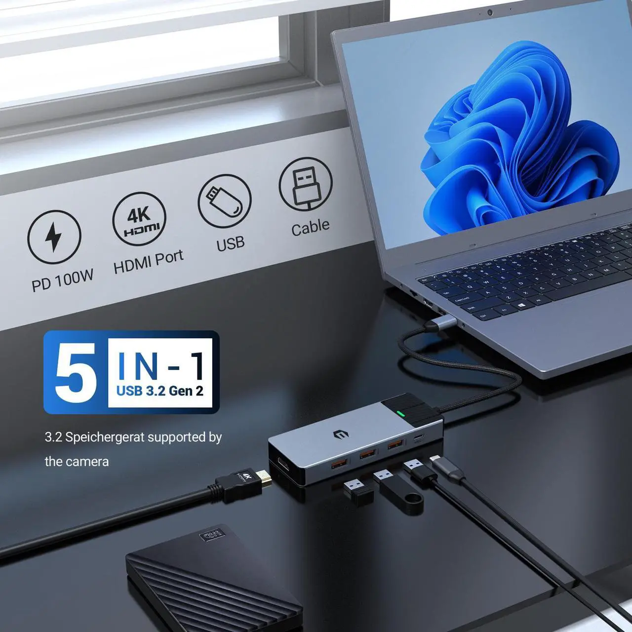 هاب USB-C پنج پورت HOPDAY HB046 با خروجی HDMI 4K 60Hz، USB 3.2 و سرعت 10Gbps - Image 3