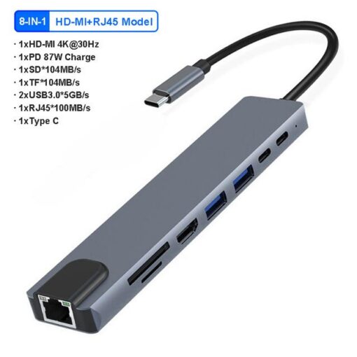 هاب 8 کاره USB-C مدل Type-C to HDTV 8 in 1 با خروجی 4K، شبکه RJ45 و شارژ PD