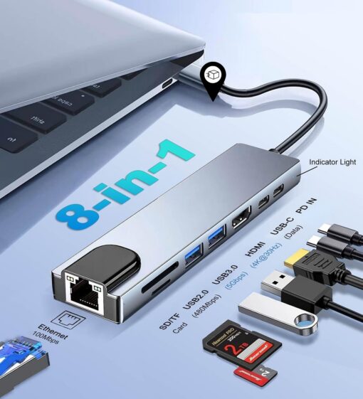 هاب 8 کاره USB-C مدل Type-C to HDTV 8 in 1 با خروجی 4K، شبکه RJ45 و شارژ PD